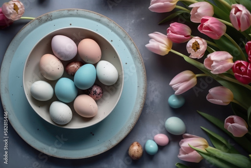 Painted blue and pink Easter eggs on a porcelain dish, linen towel and pink tulips on a concrete background. Exquisite Easter decor with copy space. Photorealistic illustration generated by AI.