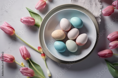 Painted blue and pink Easter eggs on a porcelain dish  linen towel and pink tulips. Exquisite Easter decor. Photorealistic illustration generated by AI.