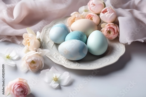 Painted blue and pink Easter eggs on a porcelain dish, linen towel and pink roses. Exquisite Easter decor. Photorealistic illustration generated by AI.