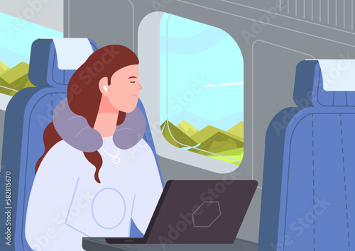 Sleep in plane. Napping woman with headphones and neck pillow sleeping indoor airplane, nap female passenger sitting on seat of travel airline in air flight, vector illustration