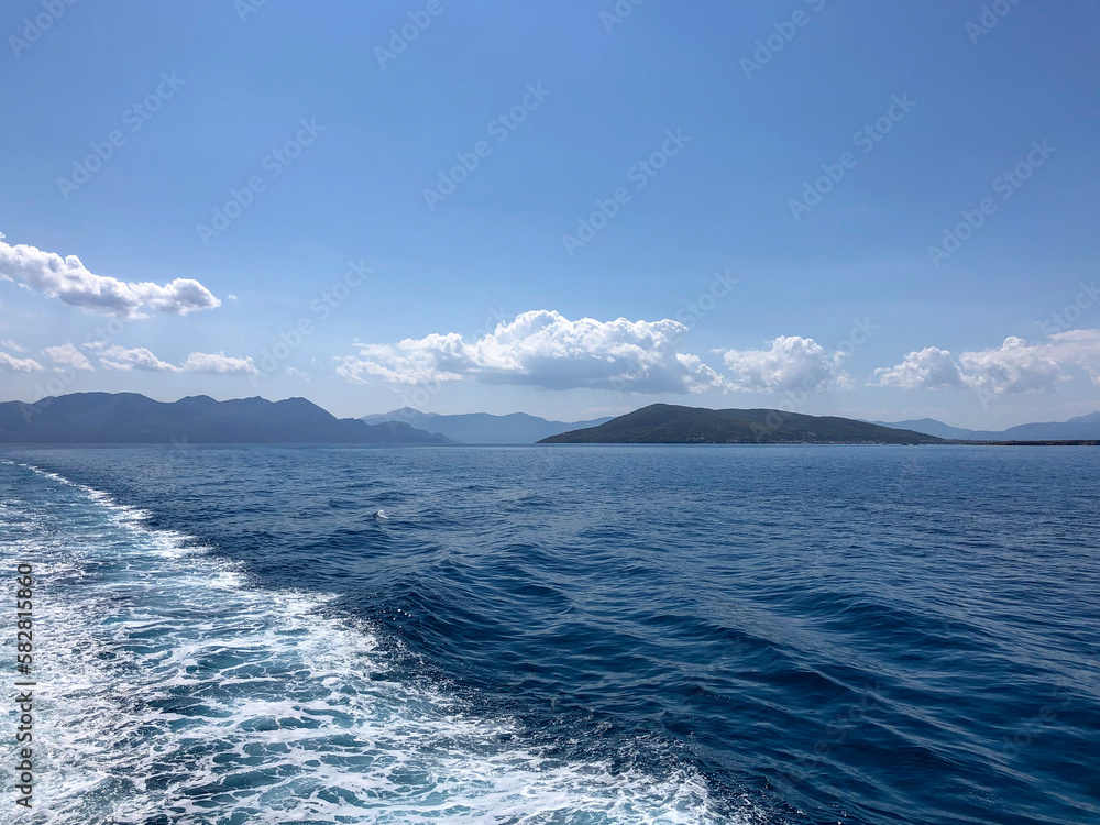Summer Travel Vacation. View On Beautiful Beach On Greece Shore. Summer Travel Vacation. View On Beautiful Beach On Greece Shore.