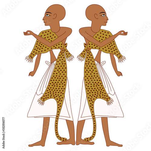 Symmetrical design with two standing ancient Egyptian priests. Isolated vector illustration.