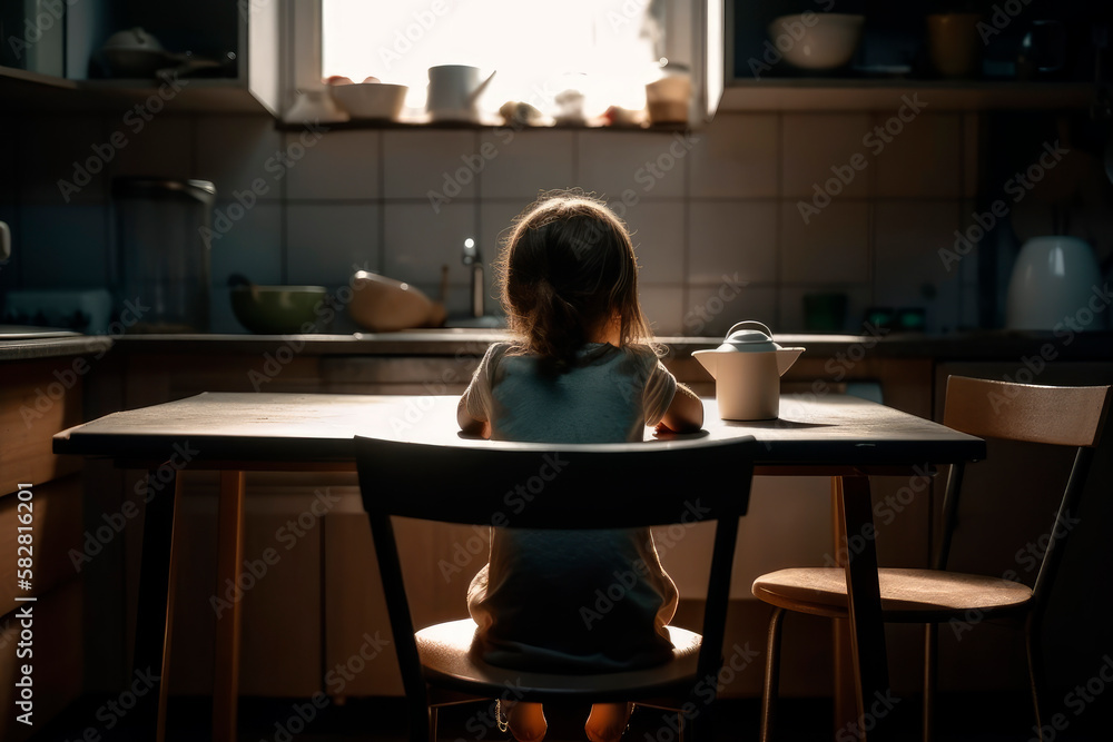Children are affected by social problems. A child sitting alone at an empty dining table in the kitchen. Back view. Generative AI Children are affected by social problems. A child sitting alone at an empty dining table in the kitchen. Back view. Generative AI