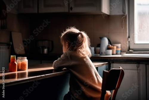 Children are affected by social problems. A child sitting alone at an empty dining table in the kitchen. Back view. Generative AI
