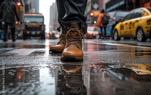 Person in Leather boots standing on wet asphalt in a big city during the rain. Shallow field of view. Illustrative Generative AI.