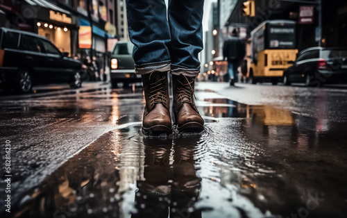 Person wearing boots and jeans standing in a puddle in the pavement in a big city. Shallow field of view. Illustrative Generative AI.