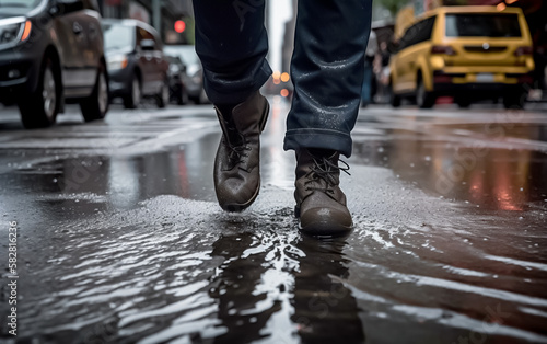 Feet wearing leather boots walking through a puddle in the streets of a big city. Shallow field of view. Illustrative Generative AI.