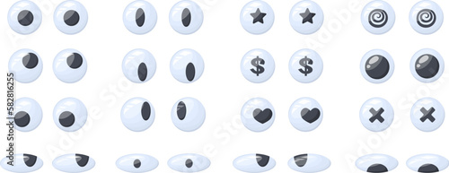 Googly eyes. Goofy 3d eye crazy look of puppet toy or funny silly characters, wobbly plastic eyeball eyes-up cute doll peeking, cartoon jokes expressions neat vector illustration