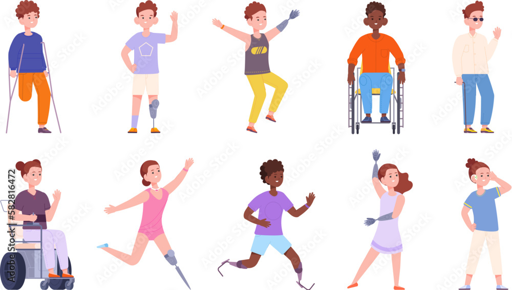 Cartoon children. Handicap kids in wheelchair, crutches or prosthesis, young cripple child with and special needs, boy splendid vector illustration