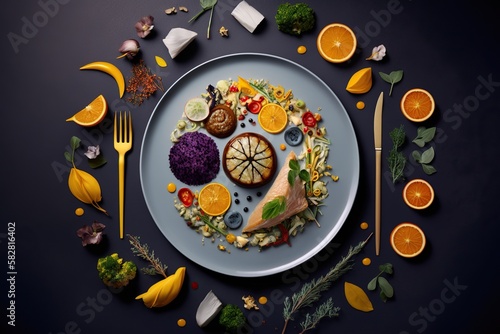 Overhead view of finished meal with its various components and garnishes arranged on plate, concept of Plating and Colorful, created with Generative AI technology