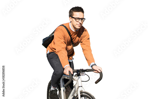 Male cyclist going to work freelancer, transparent background, isolated person.