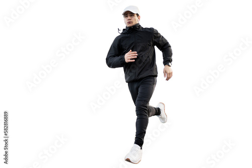 A man runs around in full-length clothes, transparent background, isolated person.