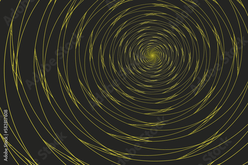 Yellow swirling pattern of curved lines on a black background. Abstract fractal 3D rendering