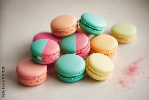 Colourful french macaroons or macaron on white background, generative AI.