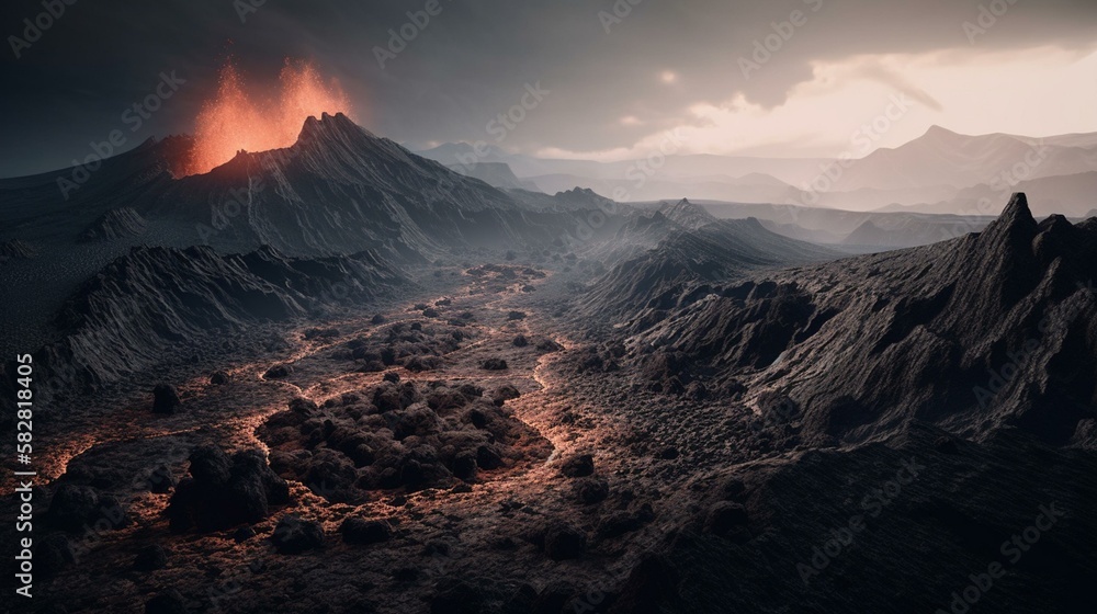 The surreal and desolate landscape of a volcanic eruption, with the molten lava creating a stark contrast against the bleak, lifeless rocks of the surrounding landscape. Generative AI