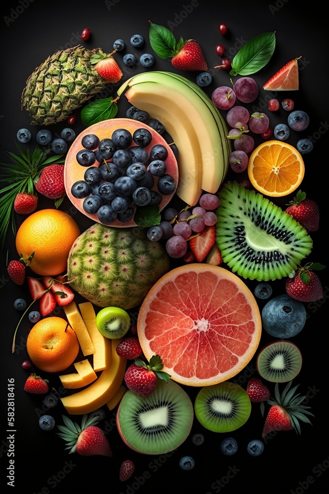 illustration, variety of fresh fruits and berries on a dark background, ai generative