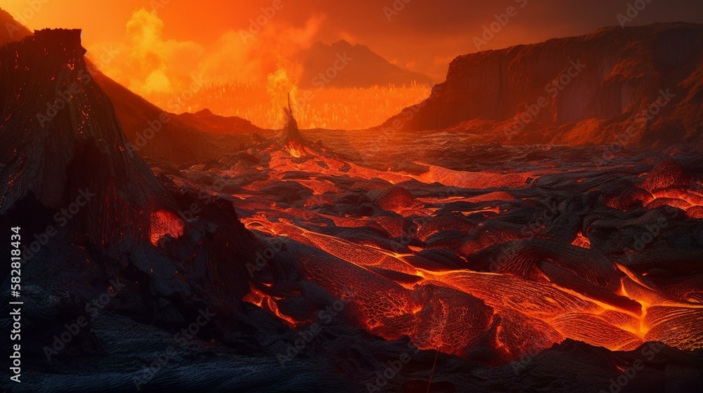 The surreal and dreamlike landscape created by the molten lava flowing down the side of the volcano, with a warm and eerie glow illuminating the surrounding area. Generative AI