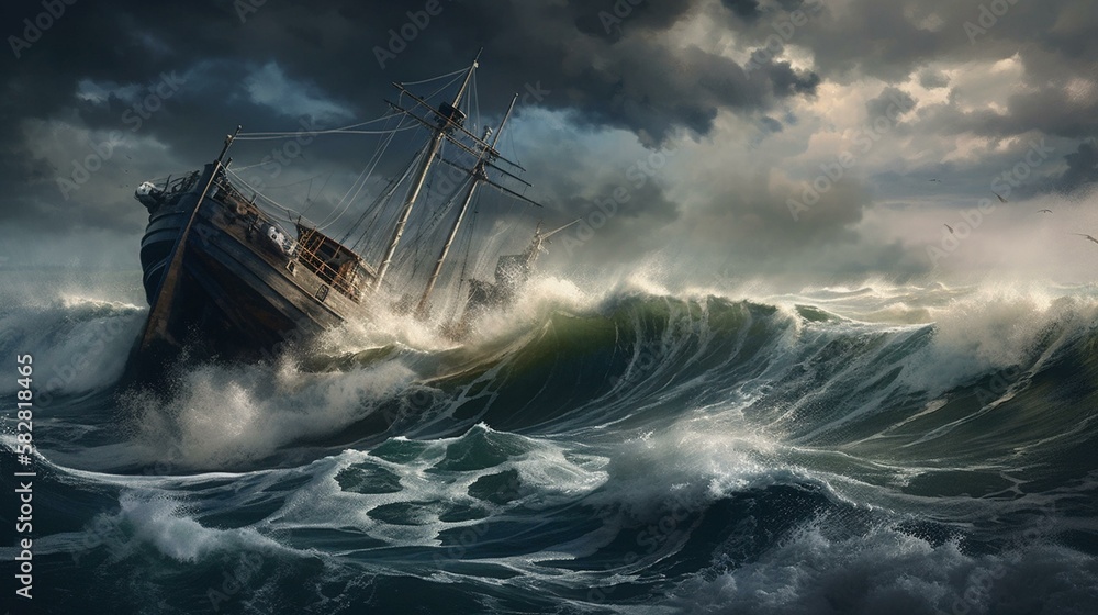 A ship tossed about by towering waves in the midst of a stormy sea Generative AI A ship tossed about by towering waves in the midst of a stormy sea Generative AI