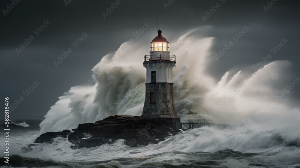 A lighthouse standing tall in the face of a raging storm Generative AI
