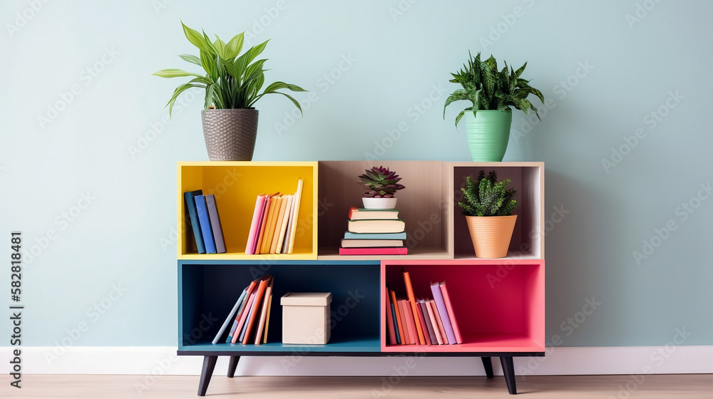 a modern bookcase with plants on it