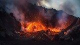 The explosive power of a volcanic eruption, sending massive boulders and debris into the air, as the molten lava spills out of the caldera in a fiery cascade. Generative AI