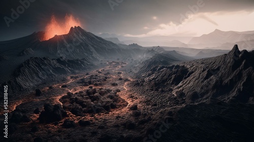 The surreal and desolate landscape of a volcanic eruption, with the molten lava creating a stark contrast against the bleak, lifeless rocks of the surrounding landscape. Generative AI