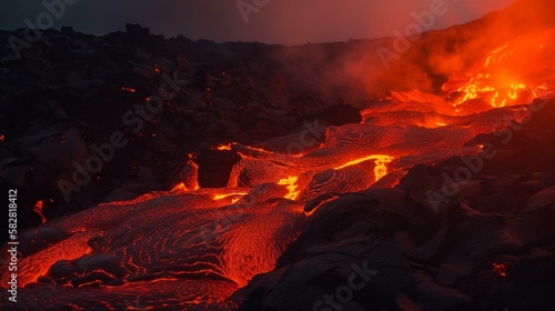 The fiery red glow of the molten lava, spilling out of the volcano's caldera and slowly creeping down the mountainside, leaving a trail of fiery destruction behind it. Generative AI