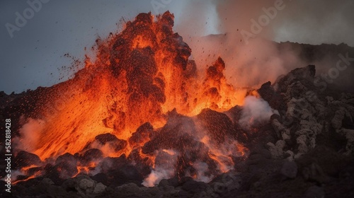 The explosive power of a volcanic eruption, sending massive boulders and debris into the air, as the molten lava spills out of the caldera in a fiery cascade. Generative AI