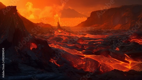 The surreal and dreamlike landscape created by the molten lava flowing down the side of the volcano, with a warm and eerie glow illuminating the surrounding area. Generative AI