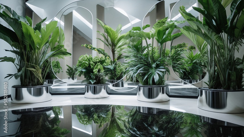 plants in a modern room full of mirrors photo