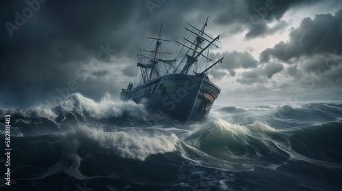 A ship tossed about by towering waves in the midst of a stormy sea Generative AI © Наталья Евтехова