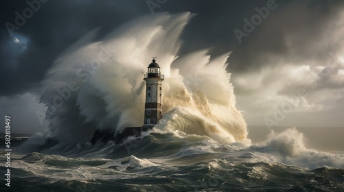 A lighthouse standing tall in the face of a raging storm Generative AI photo