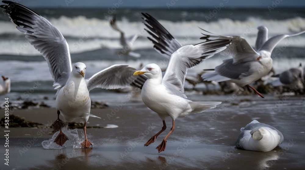 A group of seagulls battling the fierce winds in search of food Generative AI A group of seagulls battling the fierce winds in search of food Generative AI