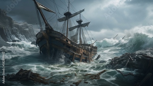 A shipwrecked vessel tossed upon jagged rocks in the midst of a stormy sea Generative AI