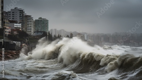 A surging tidal wave threatening to engulf a coastal city Generative AI