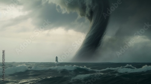 A towering waterspout twisting and turning above the turbulent ocean Generative AI