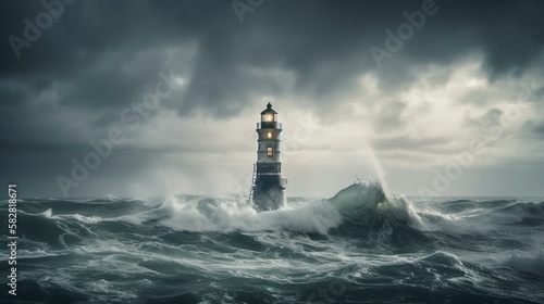 A lone lighthouse standing tall amidst the raging storm Generative AI