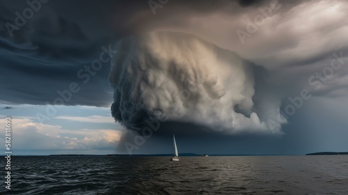 A massive thunderhead looming above a lone sailboat in the midst of a storm Generative AI