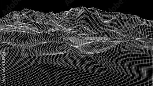 Futuristic digital black neon grid landscape background. Abstract retro mountains texture. Big data visualization. For website and banner design. Vector illustration.