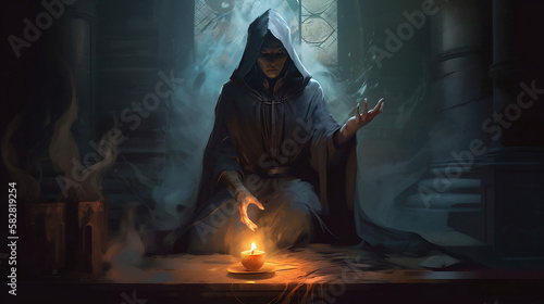 illustration of a dark wizard summoning dark magic in a castle. 