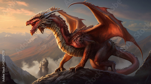 Realistic illustration of a fierce dragon perched on a mountain peak. Generative AI