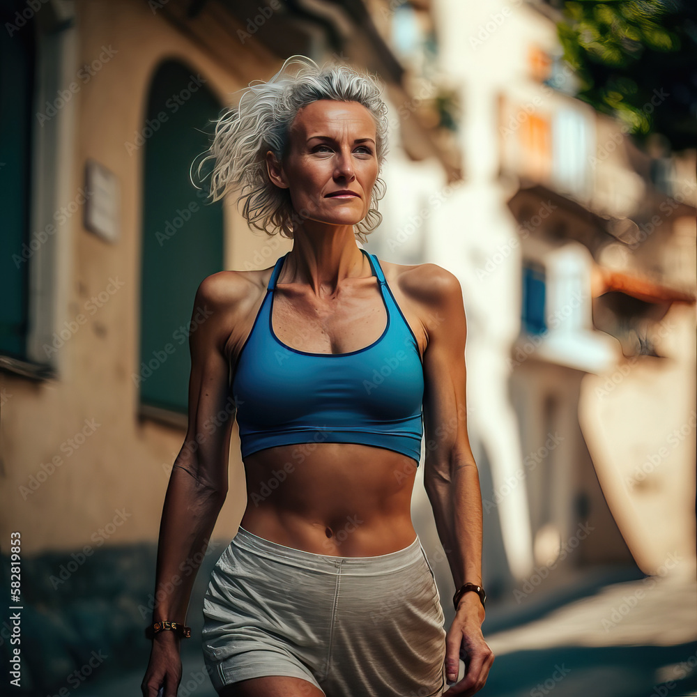 AI generated woman with great body doing workout or jogging on street in summer AI generated woman with great body doing workout or jogging on street in summer