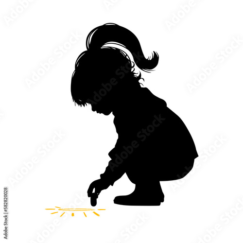 Silhouette of a little girl. Draws on asphalt with chalk. Vector illustration