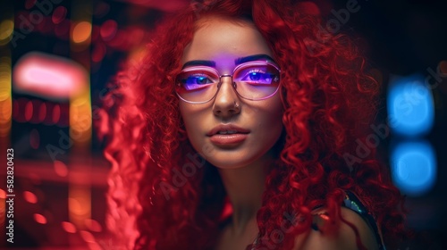 Smiling Woman with Red Hair in Neon Cyberpunk Setting. Generative AI.