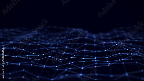 Network connection blue plate. Abstract wavy destorted technology structure texture with points and lines. Big data visualization. 3D rendering.