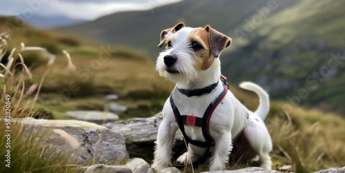 Jack russell terrier dog is hiking and walking in the mountains on an adventure. Image created with generative ai.