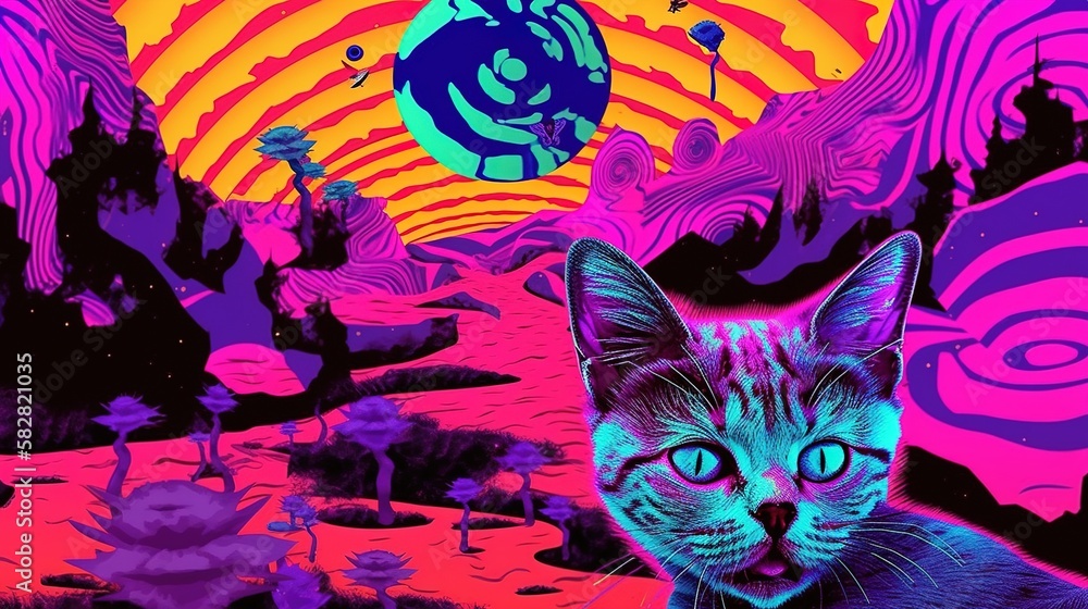 Illustration of a psychedelic landscape featuring a cute cat, generative AI Illustration of a psychedelic landscape featuring a cute cat, generative AI