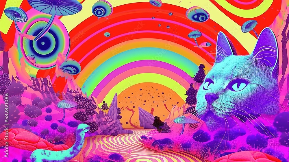 Illustration of a psychedelic landscape featuring a cat, generative AI
