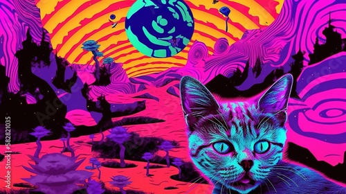 Illustration of a psychedelic landscape featuring a cute cat, generative AI