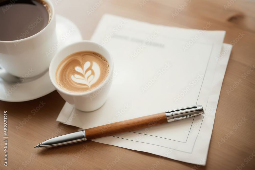 A mug with coffee on the table, a pen lies on a napkin for notes, mockup composition, Generative AI. A mug with coffee on the table, a pen lies on a napkin for notes, mockup composition, Generative AI.